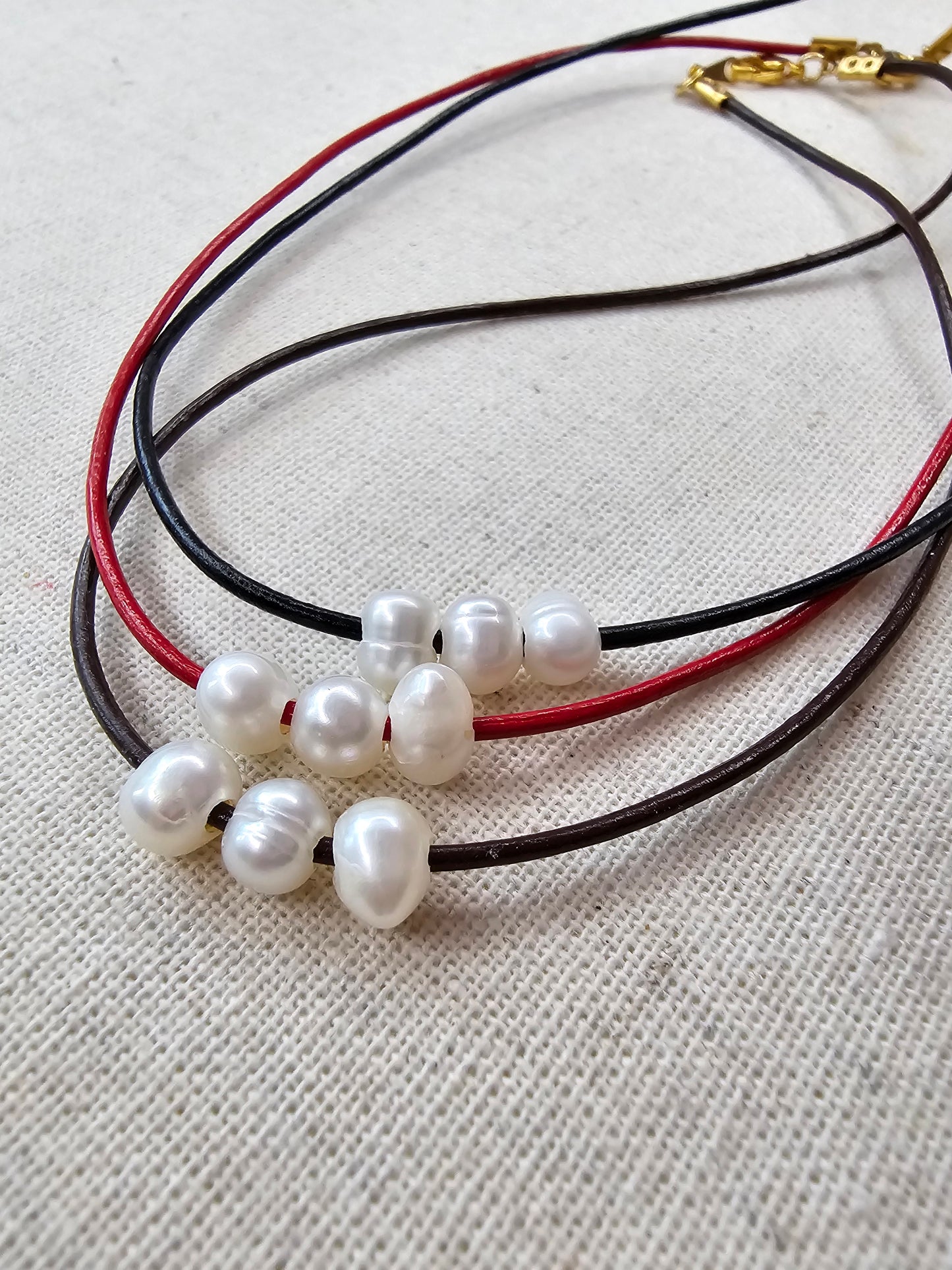 Three Pearls Leather Necklace